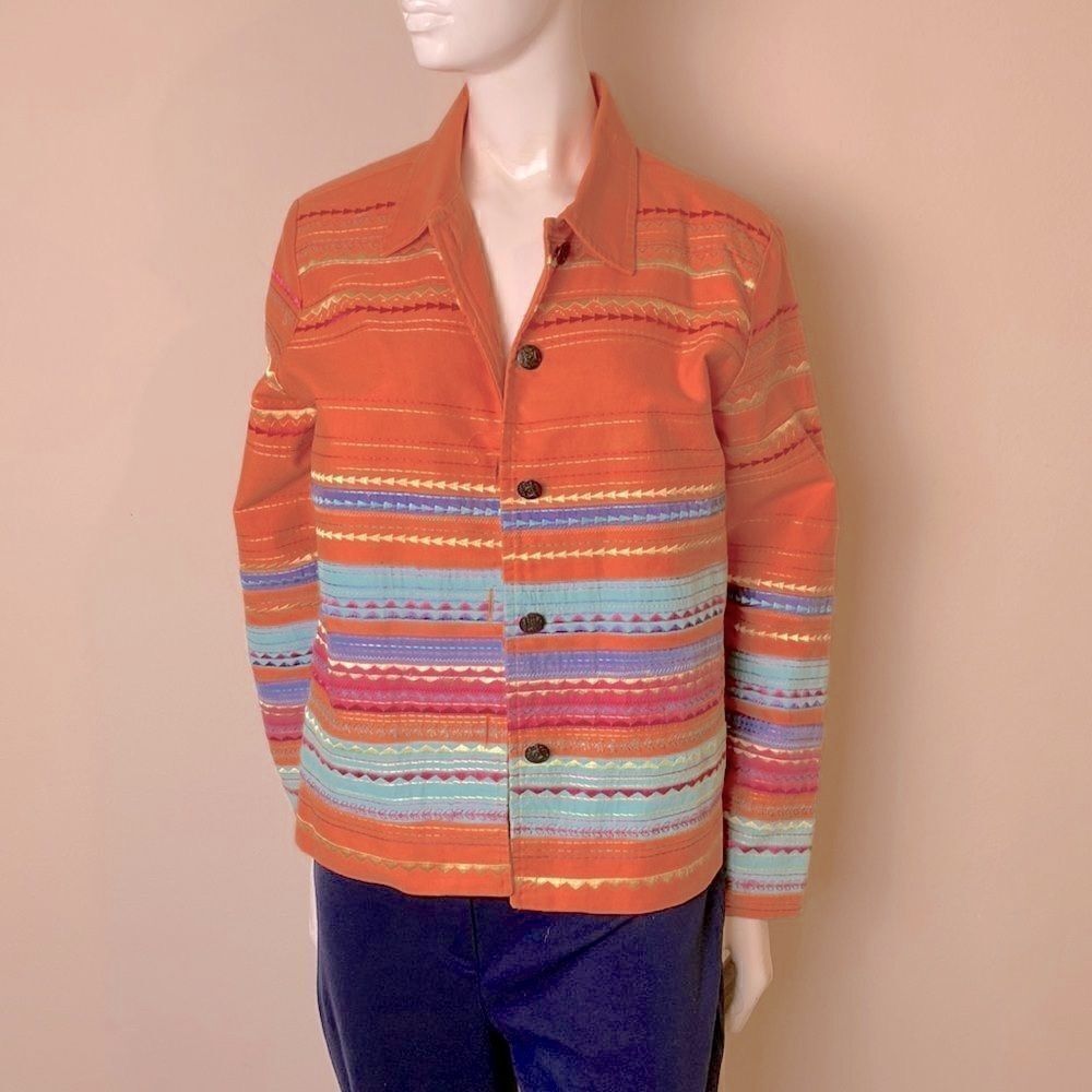 Coldwater Creek Jacket Orange Denim with Embroidery Cotton Size M